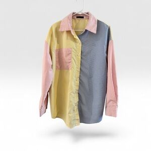 SHEIN Pink Yellow Blue Striped Colorblock Button-Down Shirt